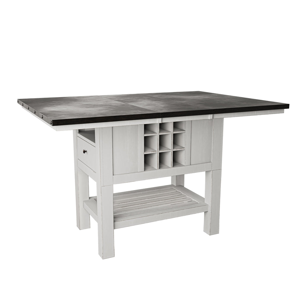 English Elm Antique Counter Height Dining Table 60" with 18" Leaf, Distressed White-Grey Finish, Built-In Wine Storage B011S01887