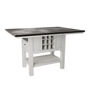 English Elm Antique Counter Height Dining Table 60" with 18" Leaf, Distressed White-Grey Finish, Built-In Wine Storage B011S01887