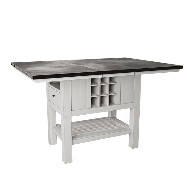 English Elm Antique Counter Height Dining Table 60" with 18" Leaf, Distressed White-Grey Finish, Built-In Wine Storage B011S01887
