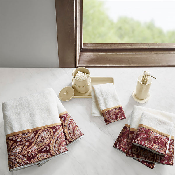 JLA Home Madison Park - 6 Piece Jacquard Towel Set — Luxurious 100% Cotton Paisley Hem Towels in Rich Taupe for OEKO‑TEX Safety Burgundy MP73-7450