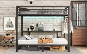 English Elm Queen Metal Bunk Bed With Desk & Usb, Versatile Loft Design Folds To Sofa, Led Lighting, Black W1580S00086-GIGA