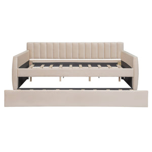 English Elm Full Size Velvet Upholstered Daybed with Pull Out Trundle and Wood Slat Support Beige LP100121AAA