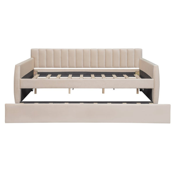 English Elm Full Size Velvet Upholstered Daybed with Pull Out Trundle and Wood Slat Support Beige LP100121AAA