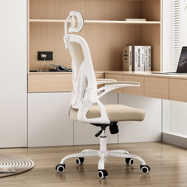 English Elm Ergonomic Office Chair With Adjustable Lumbar Support, Headrest & Space-Saving Design In White & Khaki T3623P380924