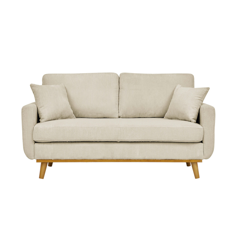 English Elm Asher Mid-Century Corduroy Sofa with Vertical Channel Texture, Tapered Walnut Legs, 2-Pillow Comfort Cream B343P348949