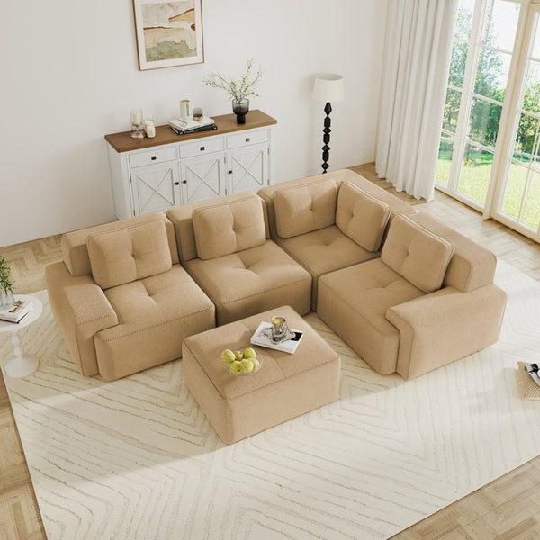 English Elm Modern Corduroy Sectional Sofa Deep Seat V Shape Tufted Couch with Movable Ottoman Camel W714S01588