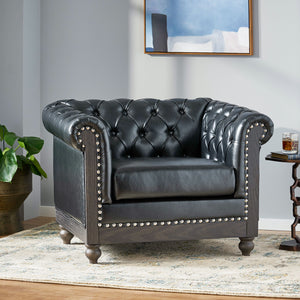 English Elm Christopher Knight Home® - CLUB Club Chair Chesterfield-Inspired Tufted PU Upholstery with Nailhead Trim, Scrolled Arms, Turned Legs Black 39.25 L x 34.25 W x 25 H 72069.00MDNT