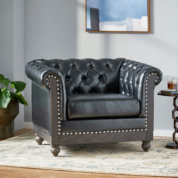 English Elm Christopher Knight Home® - CLUB Club Chair Chesterfield-Inspired Tufted PU Upholstery with Nailhead Trim, Scrolled Arms, Turned Legs Black 39.25 L x 34.25 W x 25 H 72069.00MDNT