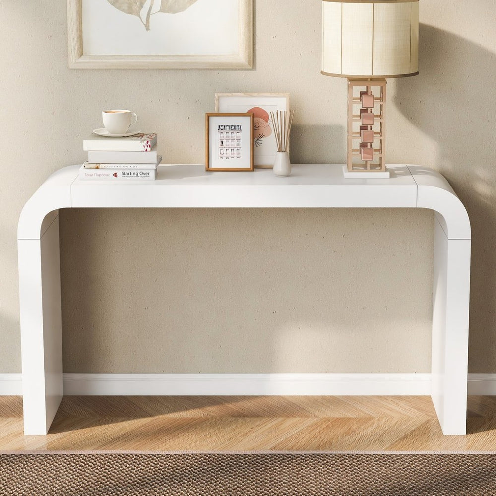 English Elm U_style Acacia Veneer Minimalist Console Table Slim Two Leg Frame for Entryway Halls White N711P213374K