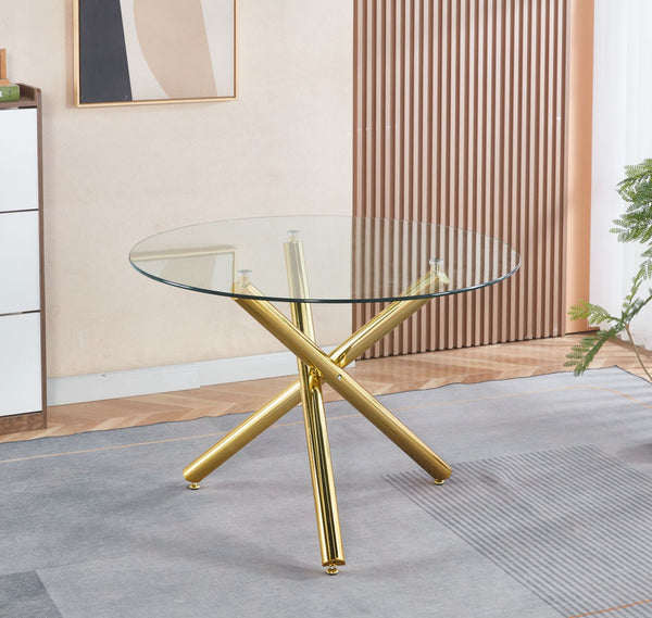 English Elm Golden Glass Dining Table with Metal Legs – Modern Space-Saving 110x110x75cm Chic Durable Design W234P288308