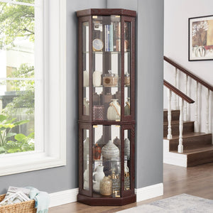 English Elm Corner Curio Cabinet Lighted Glass Display Case with Mirrored Back for Living Room W2275P194428