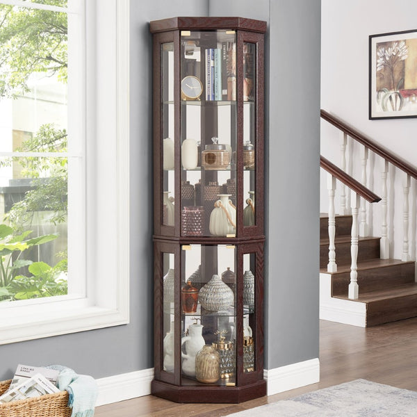 English Elm Corner Curio Cabinet Lighted Glass Display Case with Mirrored Back for Living Room W2275P194428