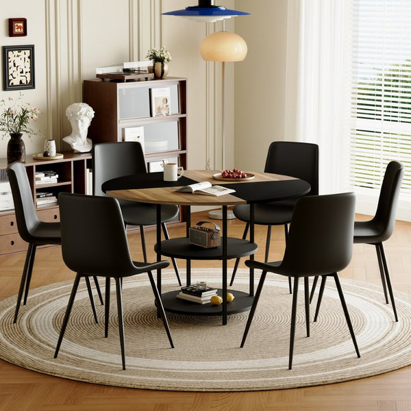 English Elm Table and Chair Set 47 Inch Round Geometric Two-tone Dining with Storage Base W1151S03338
