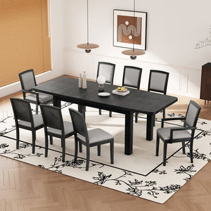 English Elm TOPMAX Rustic Extendable Dining Set with 84" Table and 24" Leaf, 9-Piece Wood Frame, Upholstered Chairs Black+ Gray SP000038AAB