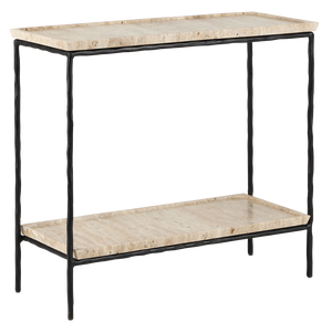 Boyles Modern Travertine Side Table with Unique Pitted Design & Black Forged Iron Base - 21.5" High