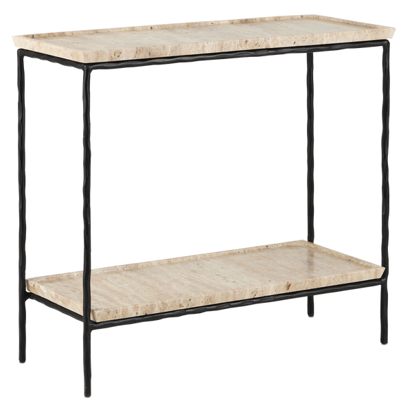 Boyles Modern Travertine Side Table with Unique Pitted Design & Black Forged Iron Base - 21.5" High