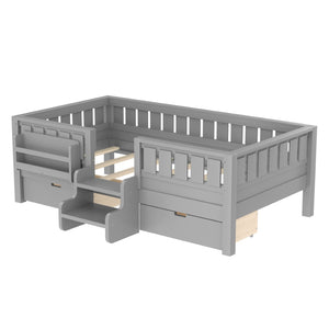 English Elm Twin Kids Storage Bed with Bookshelf Headboard Safety Staircase and Under Drawers Gray W1580P379185