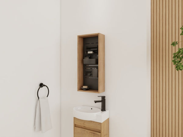English Elm 12'' Wall Mounted Plywood Storage Cabinet Open Doorless Design with Frosted Bins for Bath W999P470287