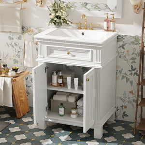 English Elm 24'' Carved Farmhouse Bathroom Vanity with Ceramic Sink Soft Close Storage Cabinet White N710P446530K