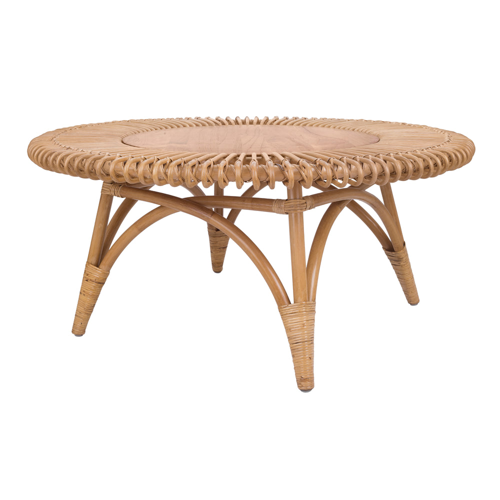 New Pacific Direct Alani Rattan Round Coffee Table w/ Wood Top Honey 39.5 x 39.5 x 18
