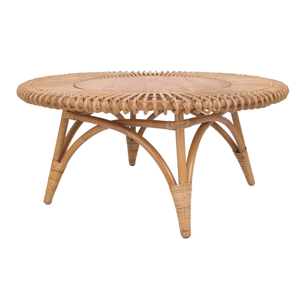 New Pacific Direct Alani Rattan Round Coffee Table w/ Wood Top Honey 39.5 x 39.5 x 18