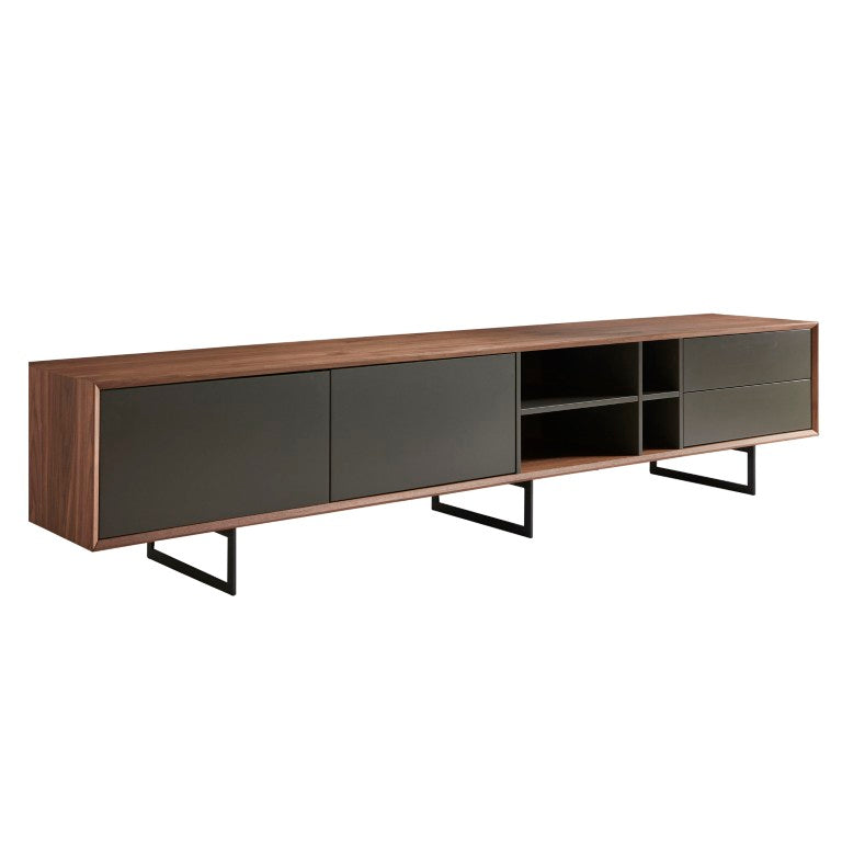 EuroStyle Anderson Walnut Veneer Media Stand with Steel Base for Large Living Rooms 31005GRY-KIT