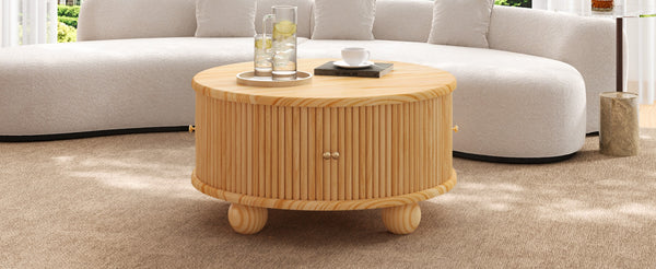 English Elm Round Fluted Pine Wood Coffee Table with Hidden Sliding Door Storage for Living Room Natural N735P369879N
