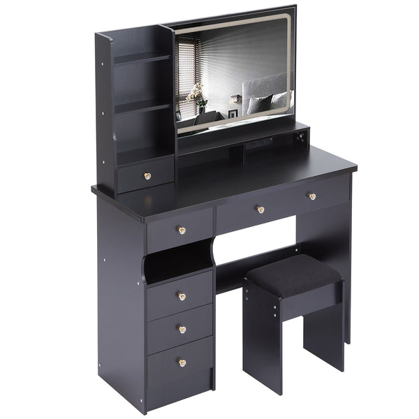 English Elm 41" Large Vanity Table Set With Cushioned Stool, Led Mirror, Power Station, And Stylish Design Features W936P230829