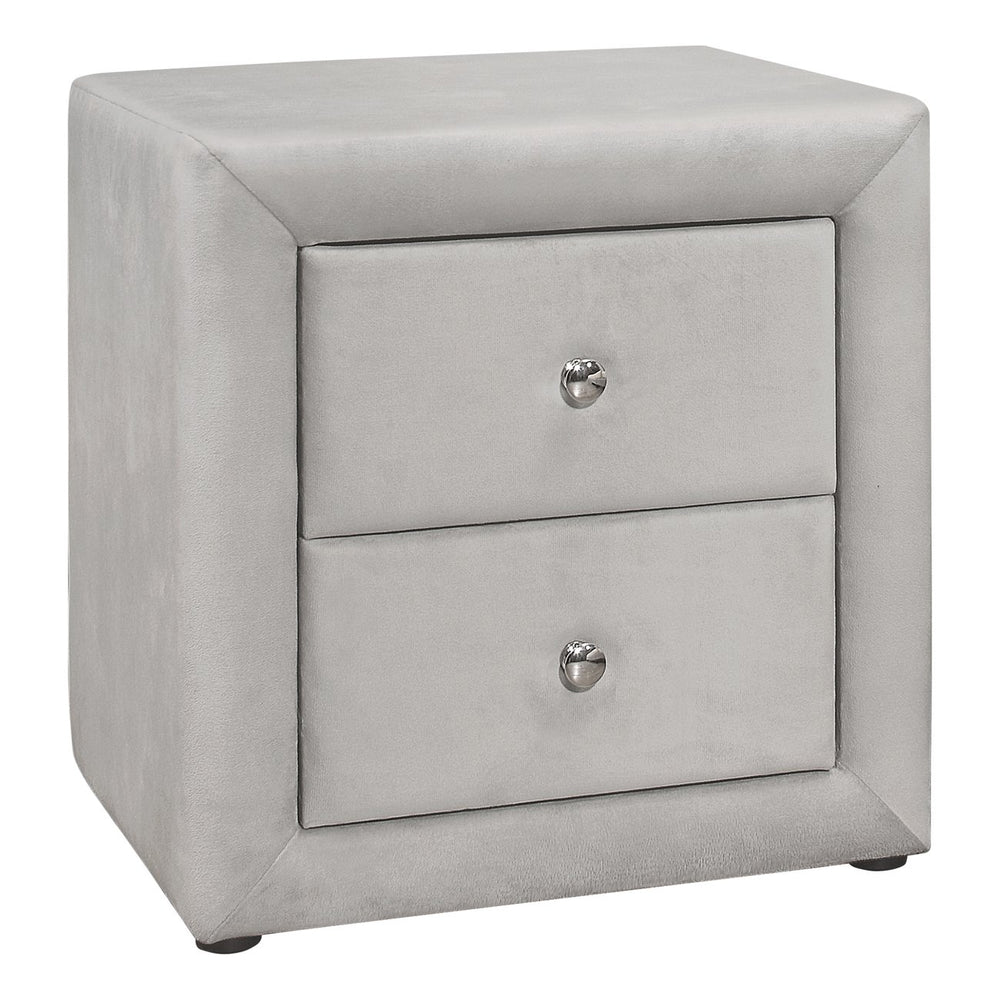 English Elm Nightstand, Upholstered Grey Velvet End Table With Two Drawers And Chrome Accents For Modern Elegance B2710P219506