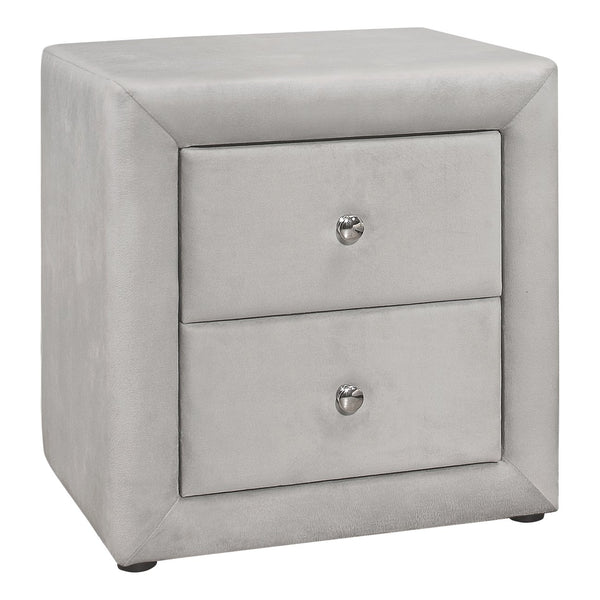 English Elm Nightstand, Upholstered Grey Velvet End Table With Two Drawers And Chrome Accents For Modern Elegance B2710P219506