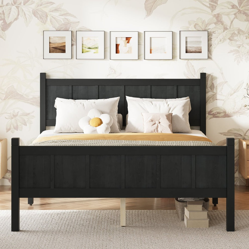 English Elm Twin Platform Bed Vertical Slat Headboard Farmhouse Shaker Wood Grain Finish Bedroom Black N733P422479E