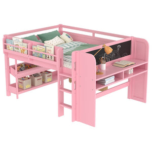 English Elm Twin Low Loft Bed Solid Pine Frame Kids Study Desk Blackboard Storage White Pink W1580S00300