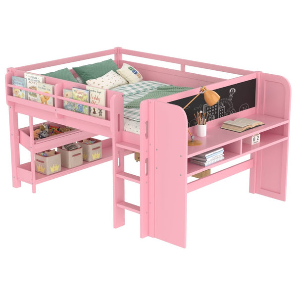 English Elm Twin Low Loft Bed Solid Pine Frame Kids Study Desk Blackboard Storage White Pink W1580S00300
