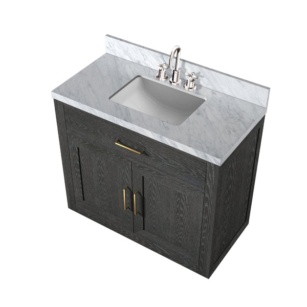 English Elm Black Oak Single-Sink Vanity With Carrara Marble Top & Chrome Faucet Set - Elegant Bathroom Upgrade B2731P260817