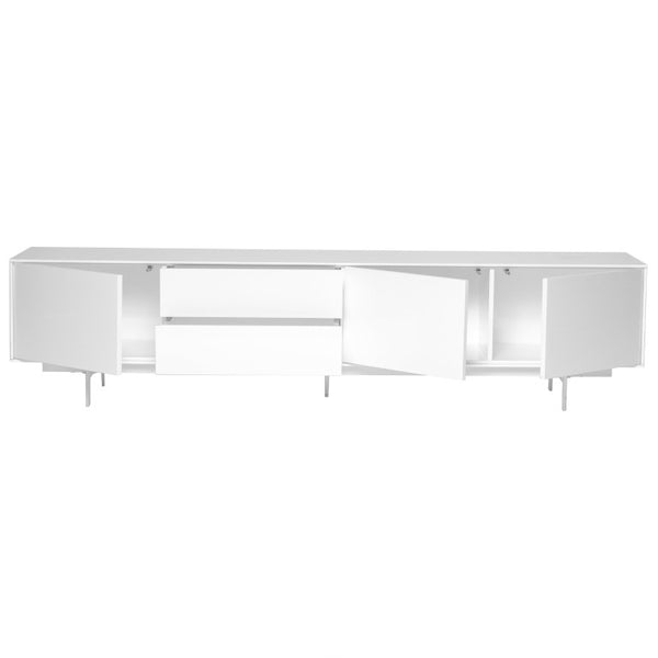 EuroStyle Birmingham Gloss White Lacquer Media Stand with Steel Legs for Modern Living Rooms 31015WHT-KIT