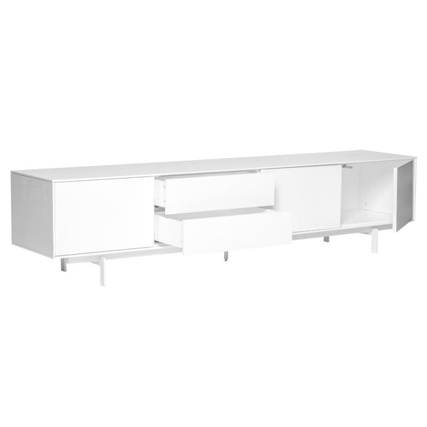 EuroStyle Birmingham Gloss White Lacquer Media Stand with Steel Legs for Modern Living Rooms 31015WHT-KIT