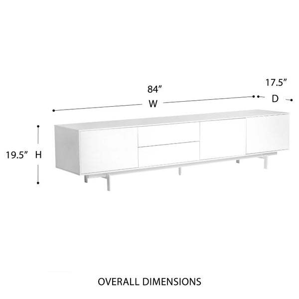 EuroStyle Birmingham Gloss White Lacquer Media Stand with Steel Legs for Modern Living Rooms 31015WHT-KIT