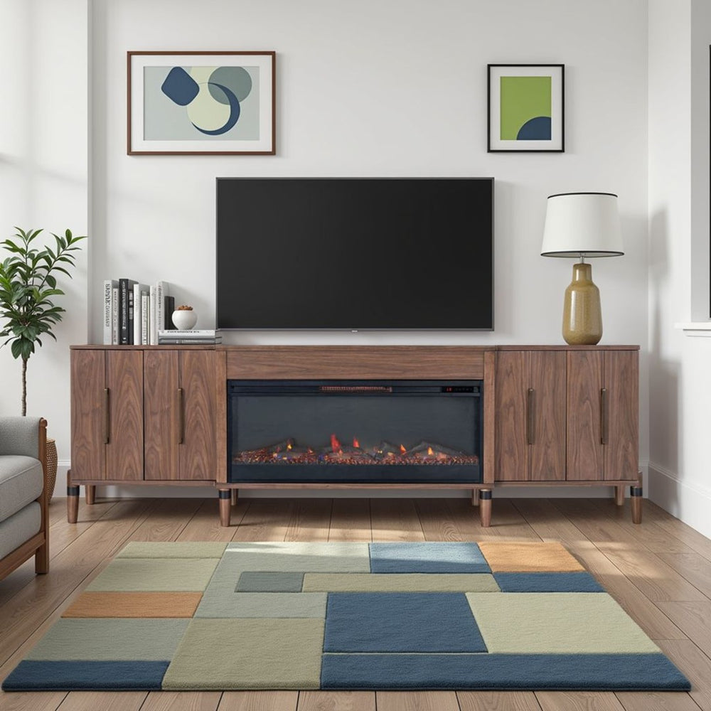 English Elm Tranquility Walnut Entertainment Console with Built-in Electric Fireplace for Large Tvs B108P411439