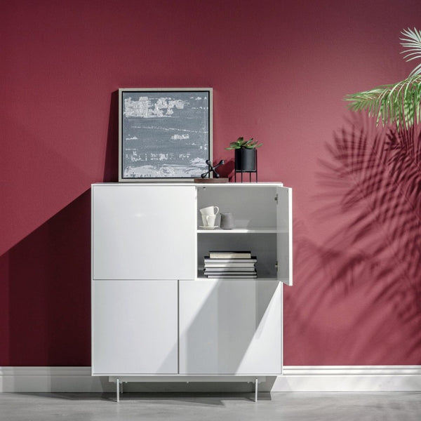 EuroStyle Birmingham Gloss White Lacquer Storage Cabinet with Push Open Doors and Steel Legs 31017WHT-KIT