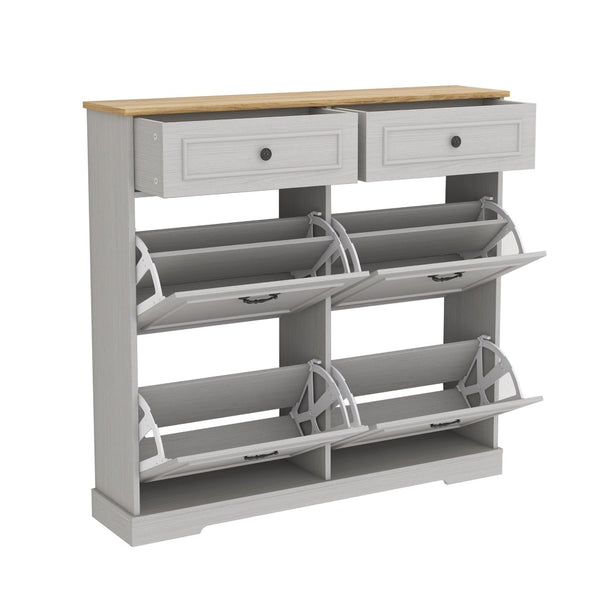 English Elm Shoe Storage Cabinet - Stylish Antique White Organizer With 4 Flip Drawers & Adjustable Shelf For Entryway W1120P290633-GIGA