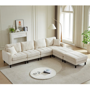 English Elm 122.5-Inch Oversized U-Shaped Modular Sofa Corduroy Sectional with Double Chaise, Ottoman, Pillows and Plastic Legs Beige W1193S00122