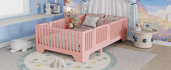English Elm Twin Montessori Floor Bed with Safety Rails Hinged Door and Plywood Slats for Kids Pink W2593P381410