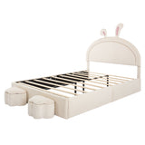 English Elm Full Size Upholstered Rabbit-Shape Bed With 2 Storage Stools, Velvet Platform Bed With Cartoon Ears Shaped Headboard, White