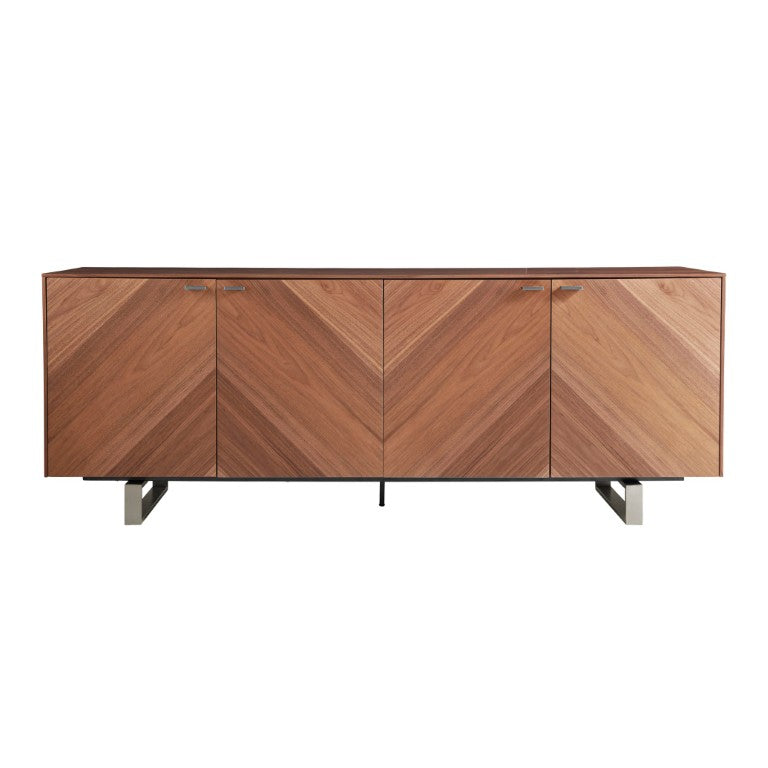 EuroStyle Alvarado Walnut Sideboard with Chevron Doors and Stainless Steel Base for Dining Rooms 31026WAL-KIT