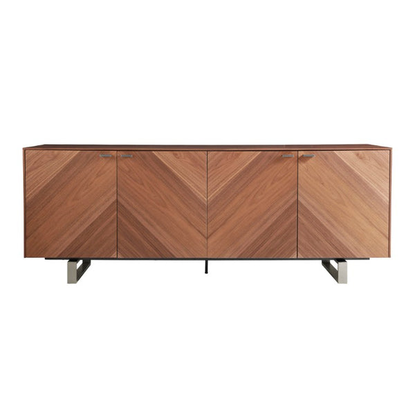 EuroStyle Alvarado Walnut Sideboard with Chevron Doors and Stainless Steel Base for Dining Rooms 31026WAL-KIT