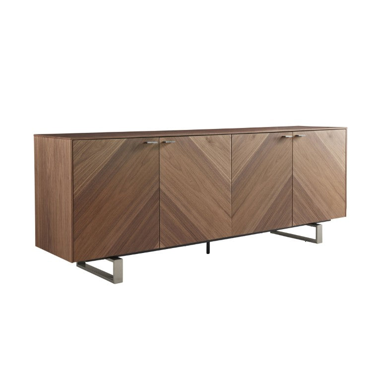 EuroStyle Alvarado Walnut Sideboard with Chevron Doors and Stainless Steel Base for Dining Rooms 31026WAL-KIT