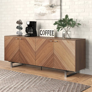 EuroStyle Alvarado Walnut Sideboard with Chevron Doors and Stainless Steel Base for Dining Rooms 31026WAL-KIT