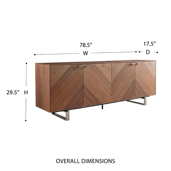 EuroStyle Alvarado Walnut Sideboard with Chevron Doors and Stainless Steel Base for Dining Rooms 31026WAL-KIT