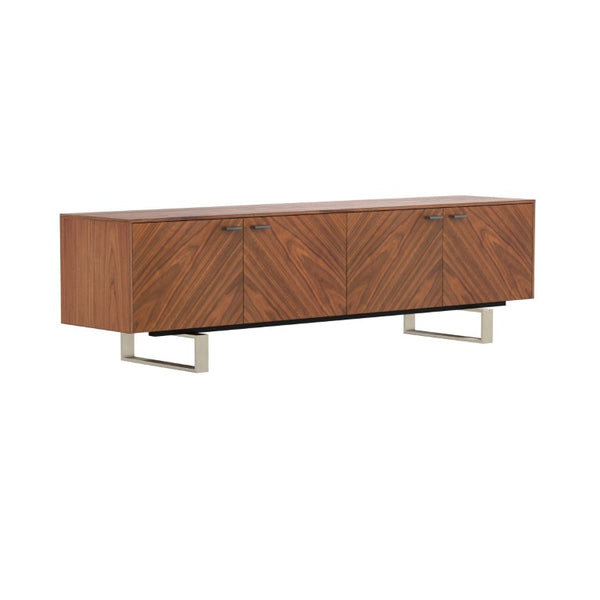 EuroStyle Alvarado Walnut Veneer Media Stand with Chevron Doors and Steel Base for Living Rooms 31028WAL-KIT