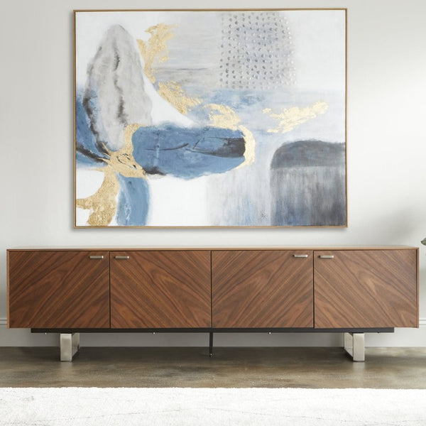 EuroStyle Alvarado Walnut Veneer Media Stand with Chevron Doors and Steel Base for Living Rooms 31028WAL-KIT